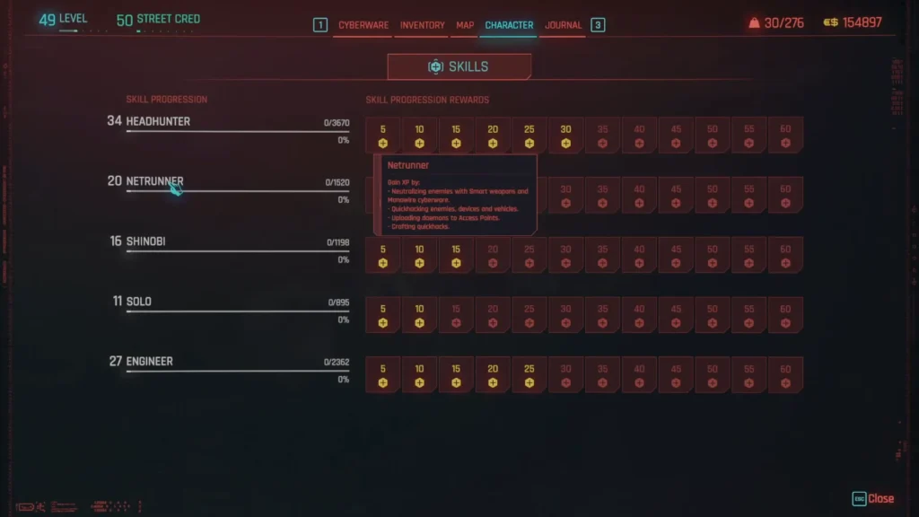 Netrunner progression menu reference