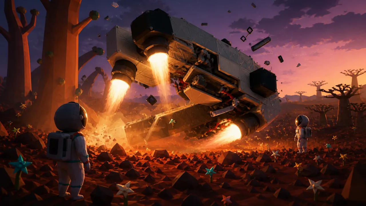 A small astronaut watches a blocky spacecraft lift off over an alien landscape.