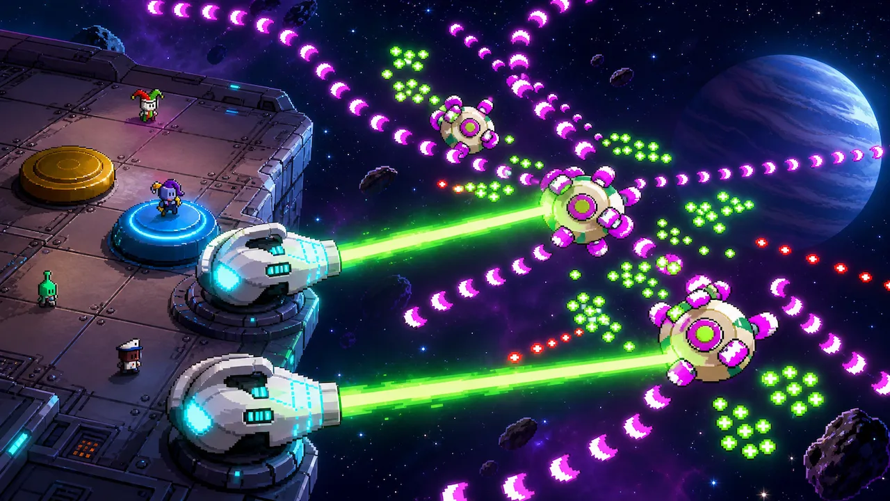 Space turrets fire green lasers through waves of neon projectiles above a planet.