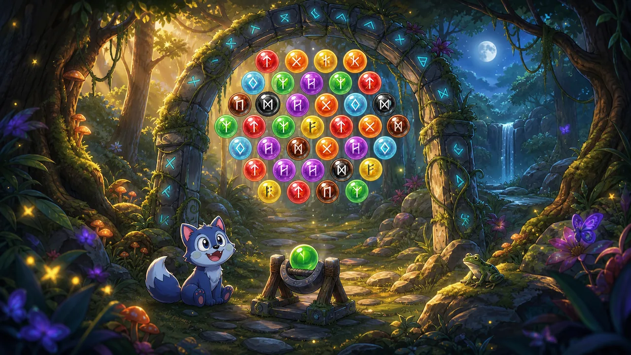 A blue cartoon cat sits beneath a glowing grid of colorful puzzle pieces in a moonlit forest.