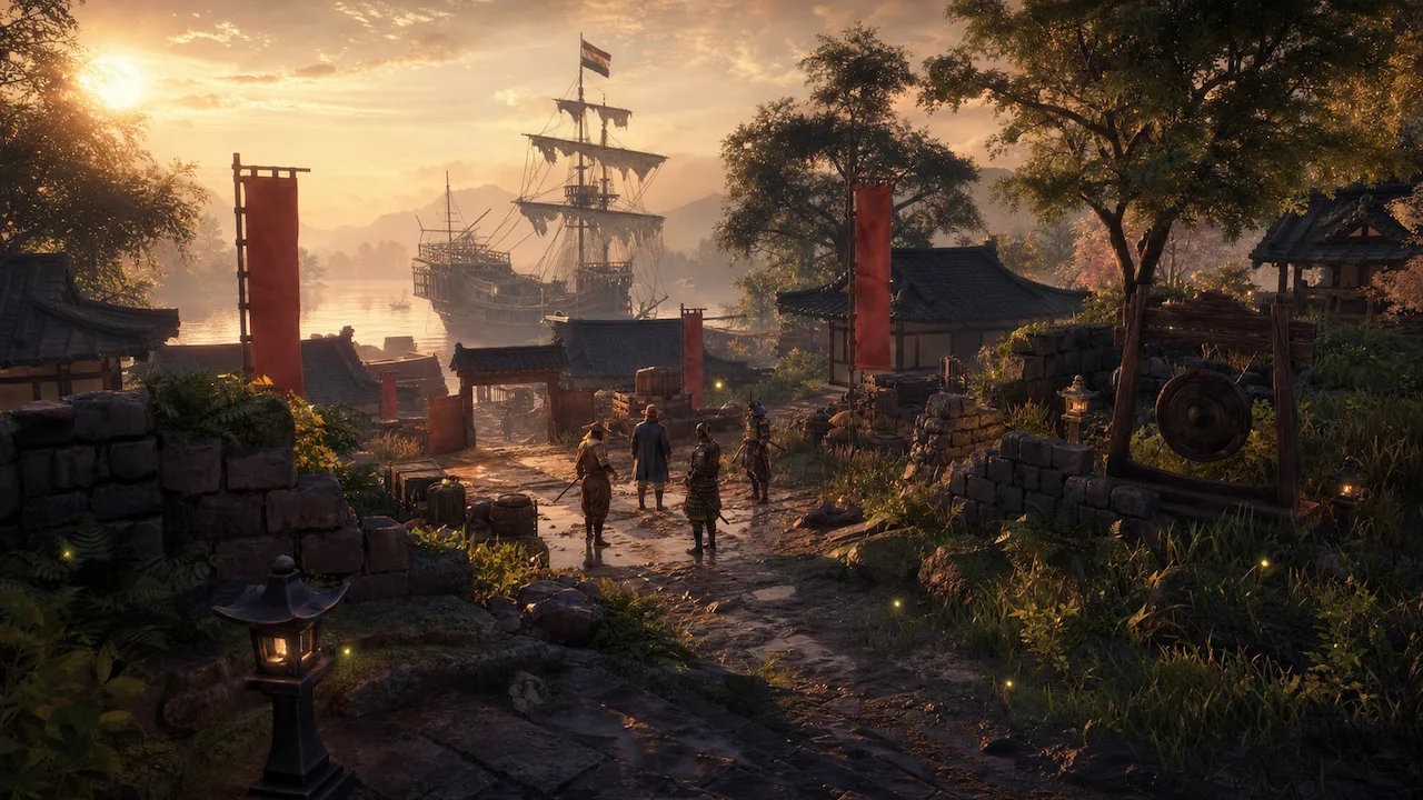 Travelers approach a Japanese coastal settlement at sunset with ships in the harbor.