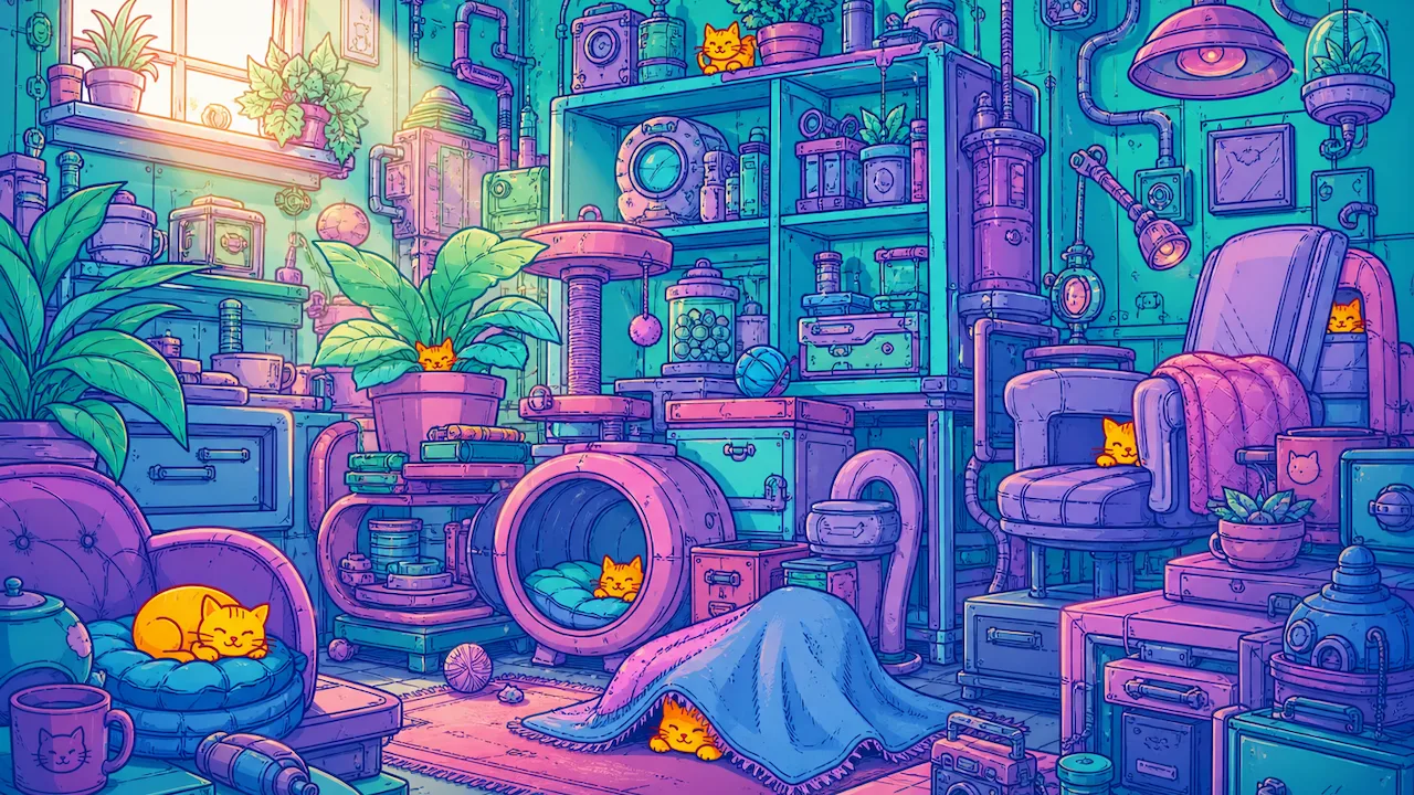 Several cats hide throughout a colorful apartment packed with furniture and plants.