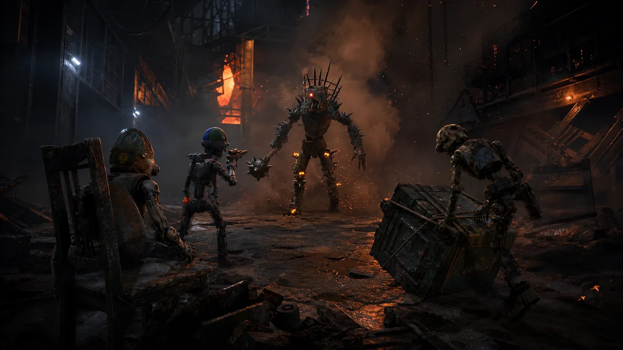 Armed survivors face a towering mechanical creature in a burning industrial corridor.