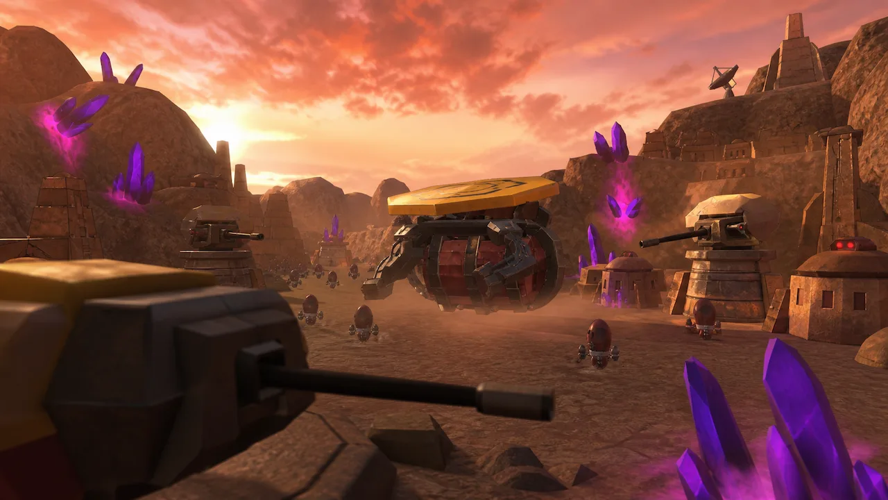 An armored rover crosses a desert outpost surrounded by glowing purple crystals.