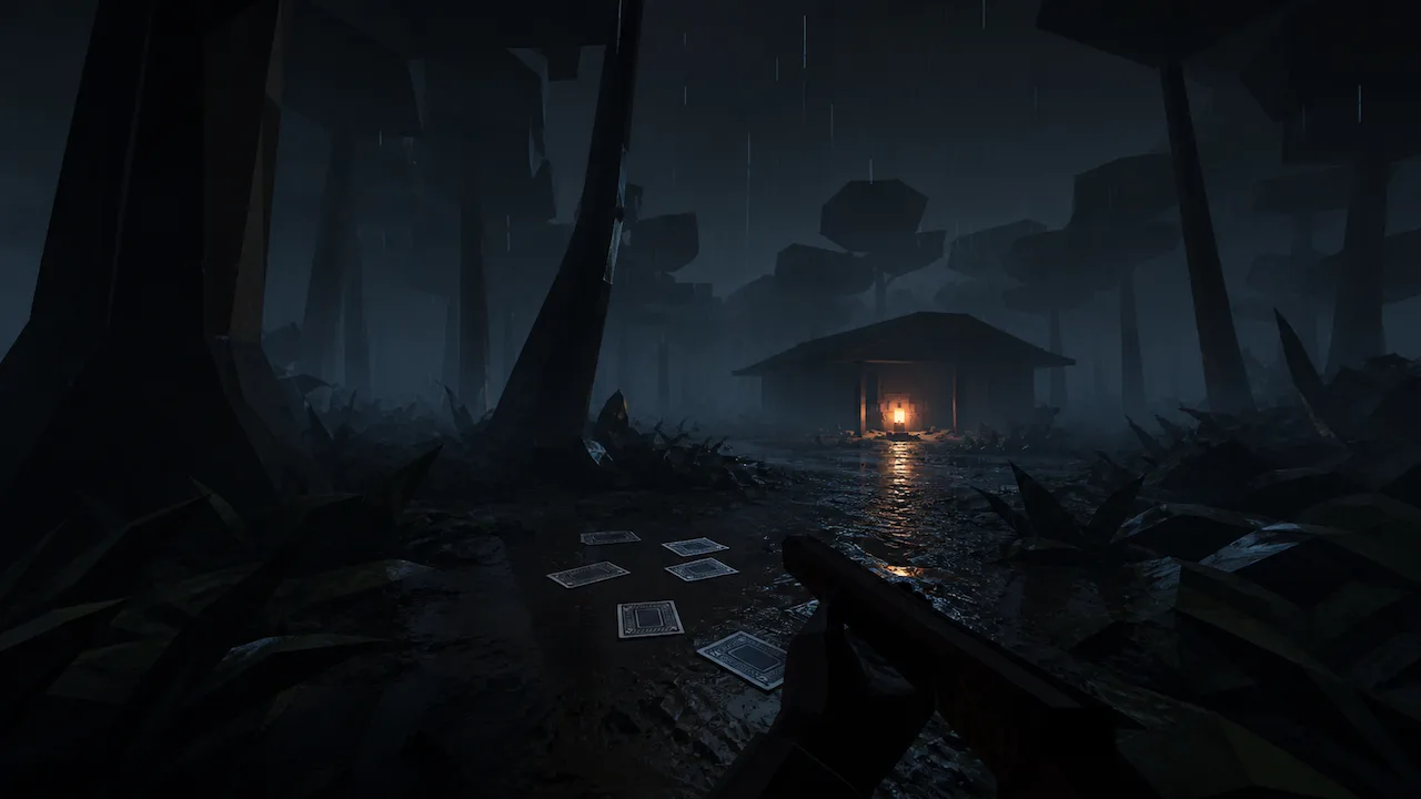 A lone fire glows across water inside a dark, cavernous ruined settlement.