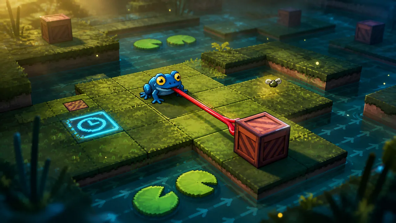 A blue frog pulls a wooden crate across floating mossy platforms with its tongue.