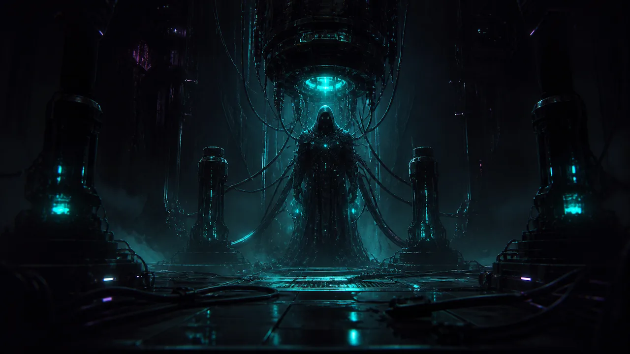 A hooded figure stands beneath a cyan-lit machine in a dark industrial chamber.