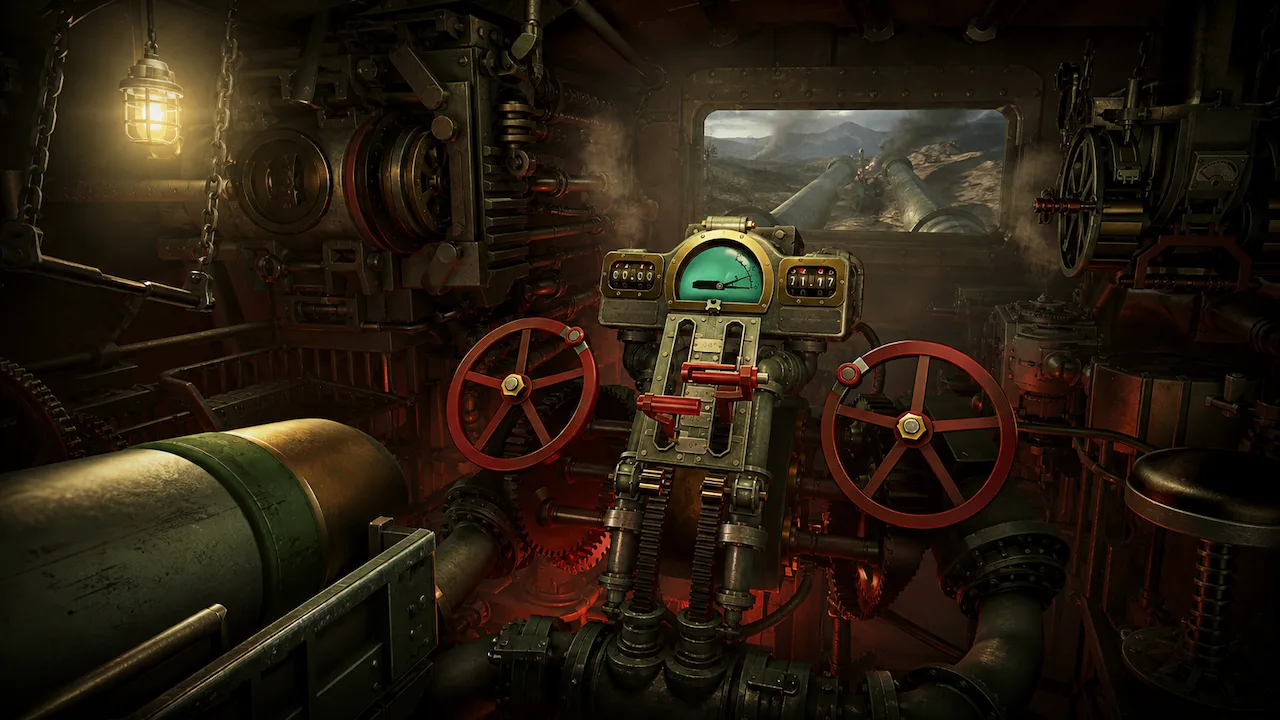 Handwheels, gauges, pipes, and heavy machinery fill a turret control station inside a metal bunker.