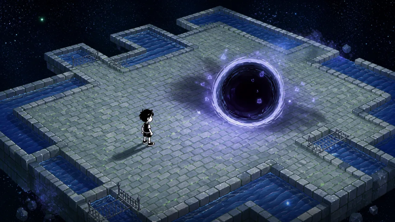 A small black-and-white character faces a violet portal on a floating stone arena.