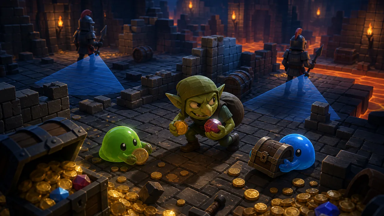 A goblin guards coins and colorful slimes in a torchlit dungeon.
