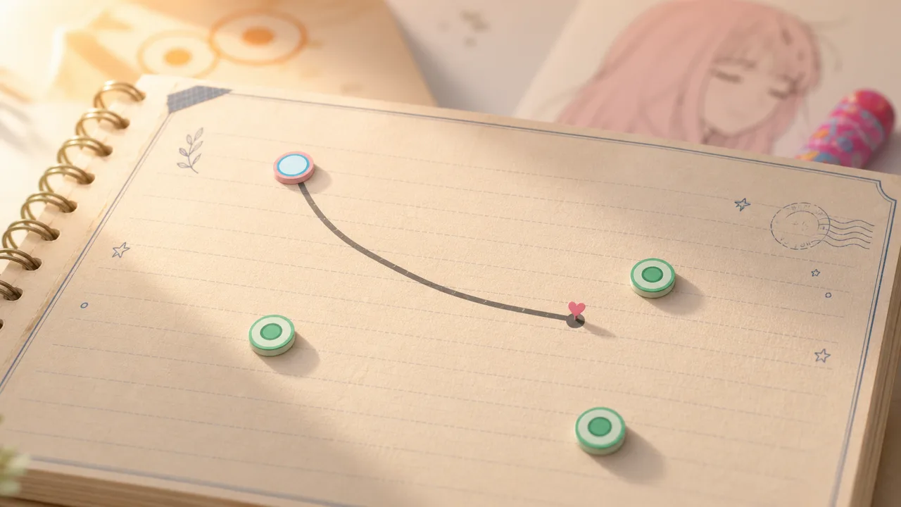 Colored markers connected by a curved line rest on an open notebook beside a portrait.