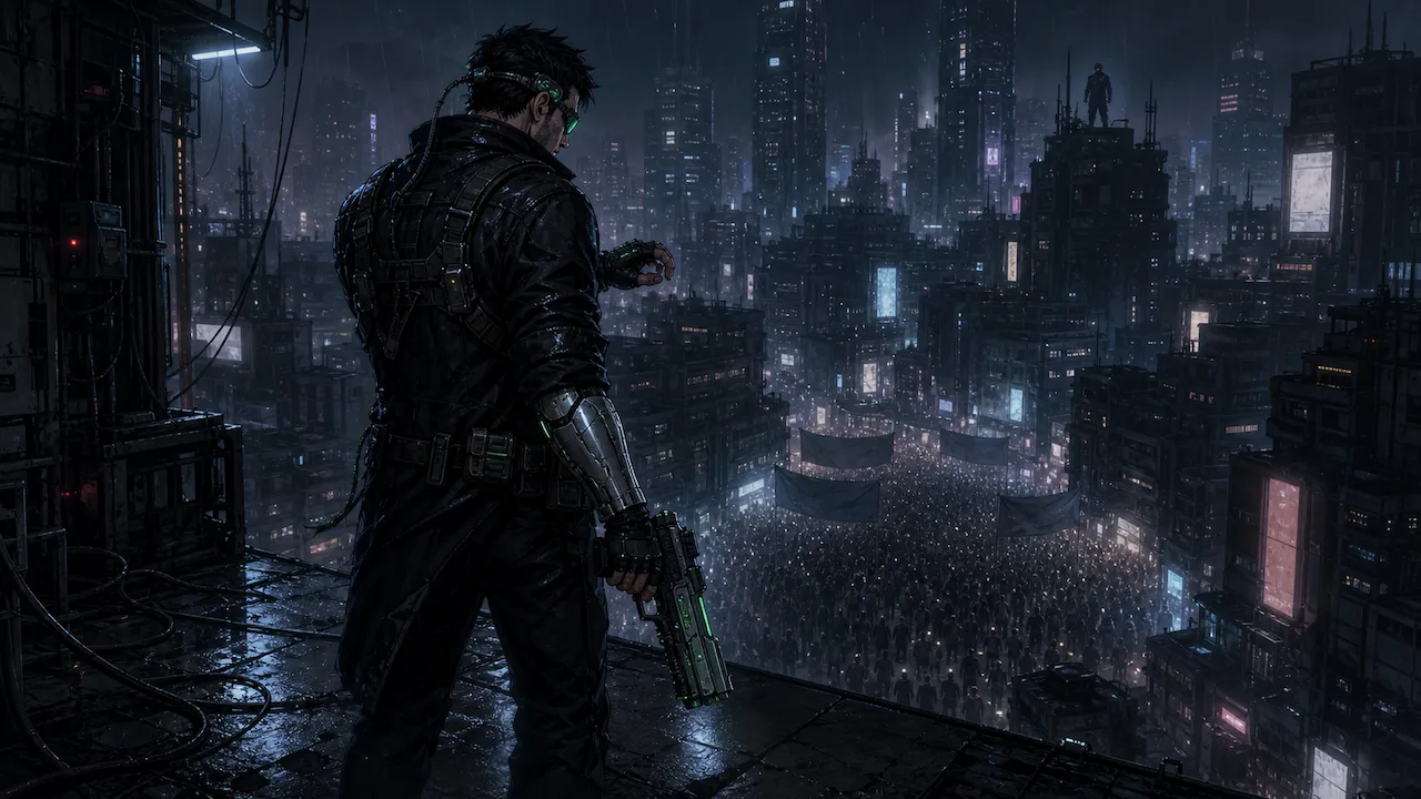 A lone armored figure overlooks a rain-soaked futuristic city at night.