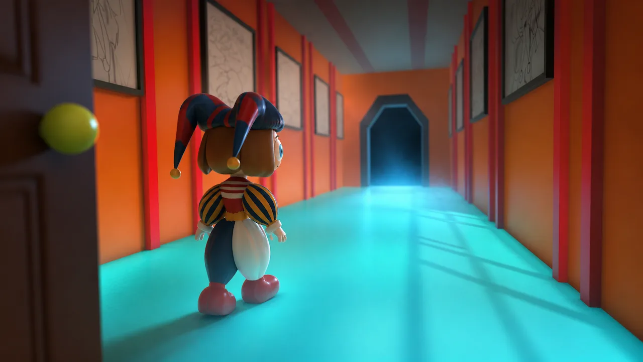A small jester-like character walks down a colorful corridor toward a glowing doorway.