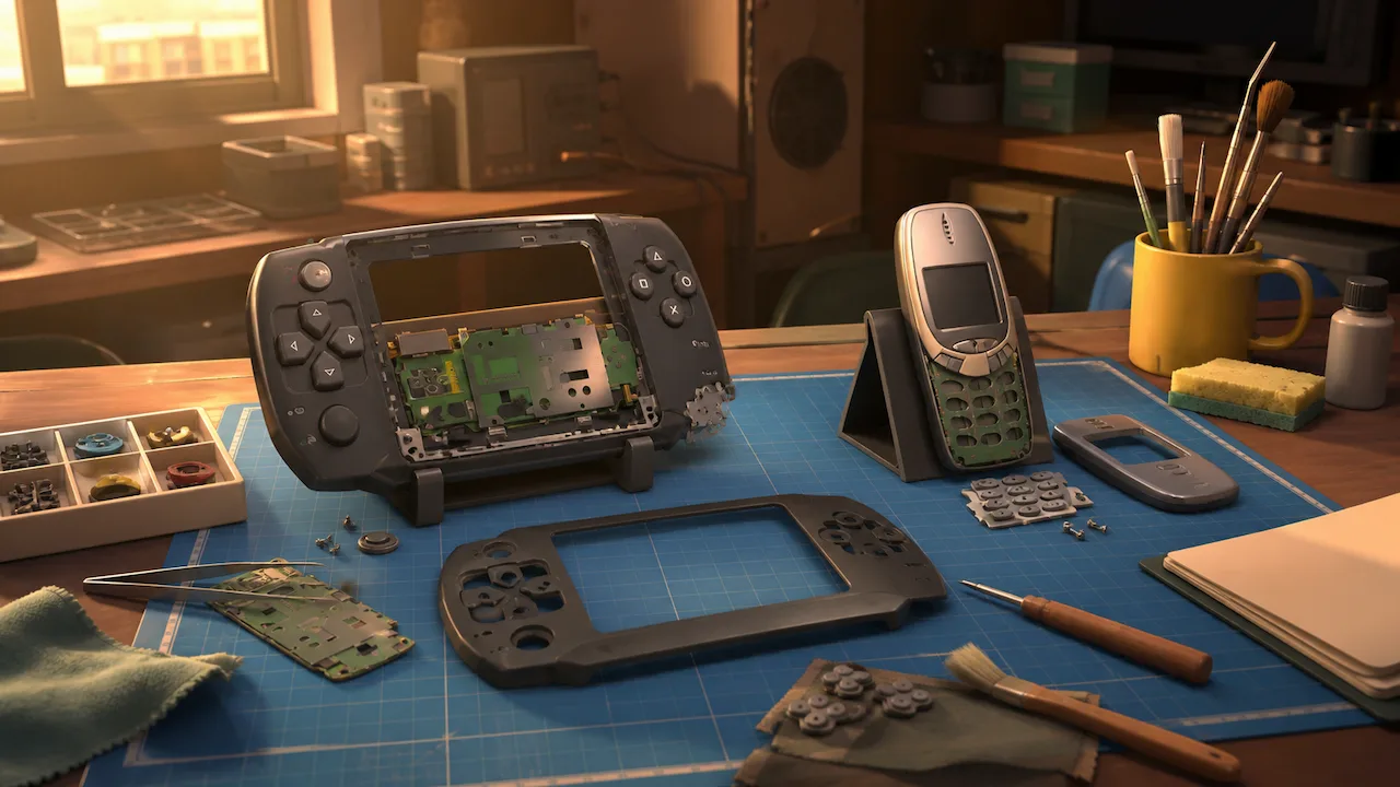 A handheld game console and mobile phone are disassembled for repair on a workshop desk.