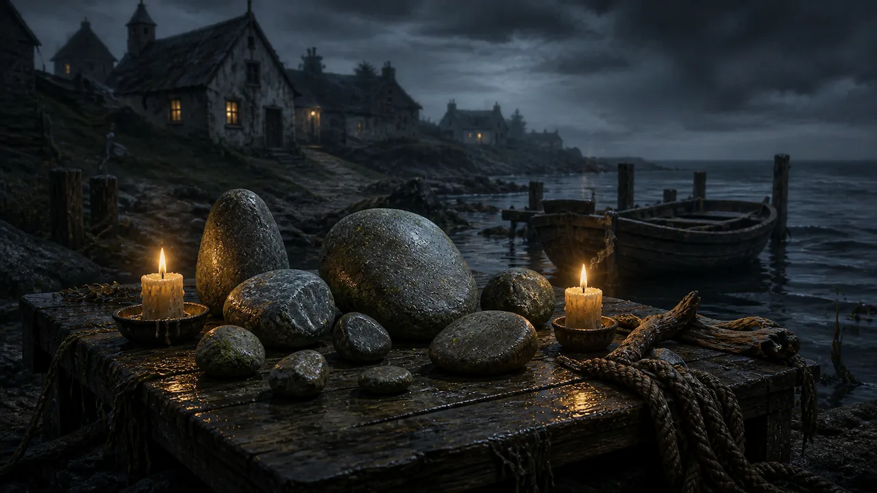 Smooth stones and candles sit on a weathered table beside a stormy coastal village.
