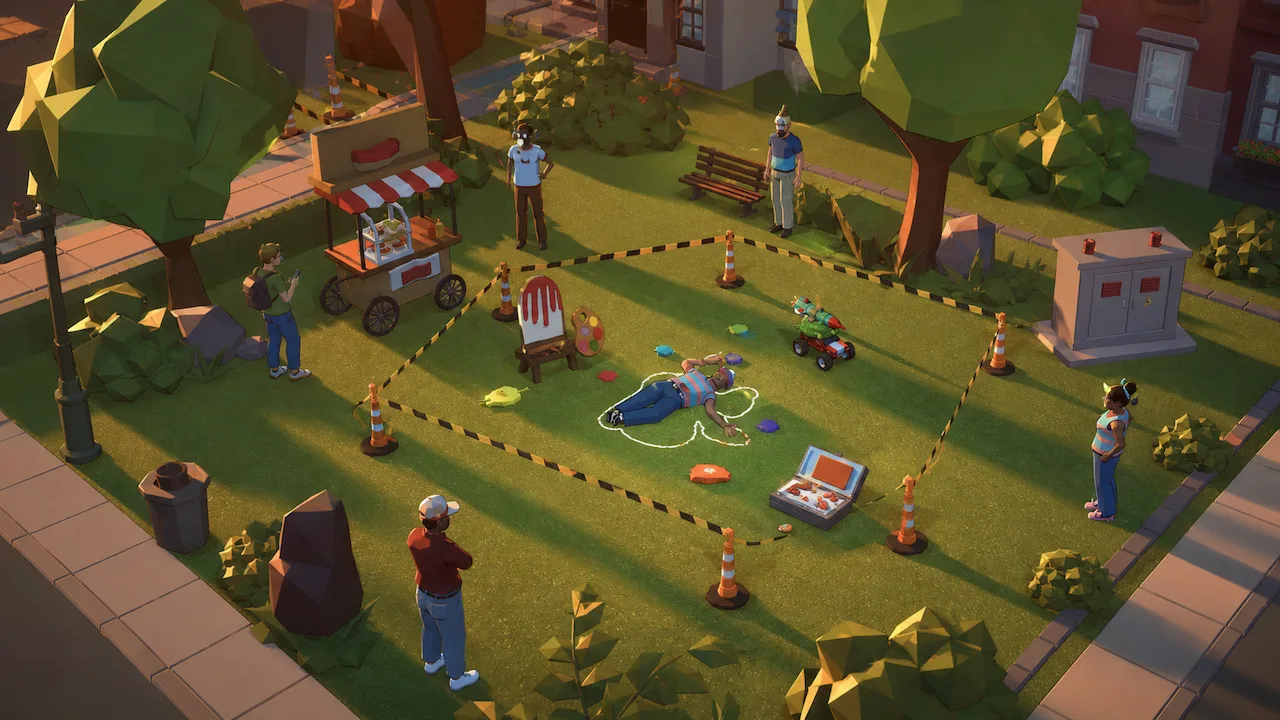 Investigators gather around a cordoned-off scene in a stylized suburban park.