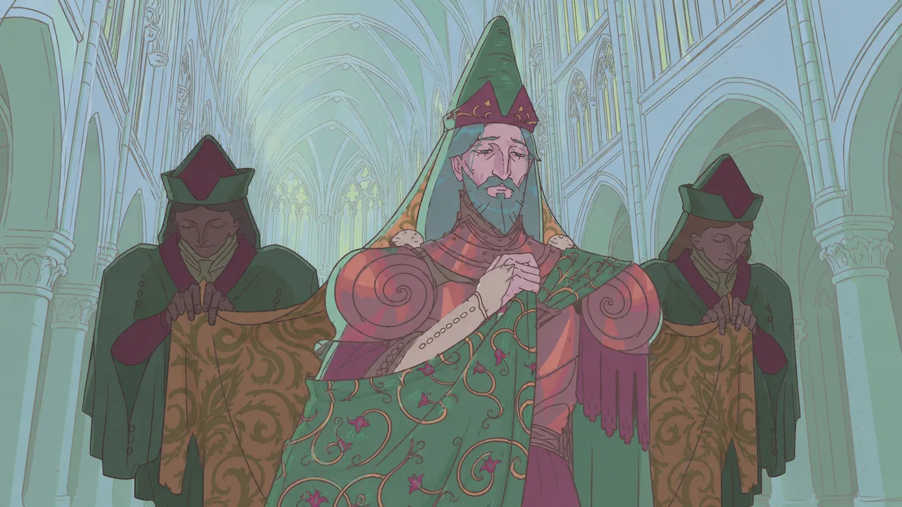 Guilhelm stands between two attendants holding a patterned cloth in Sovereign Tower's Gothic hall.