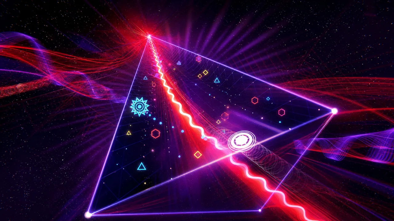 A glowing triangular arena cuts through neon red and violet audio waves.