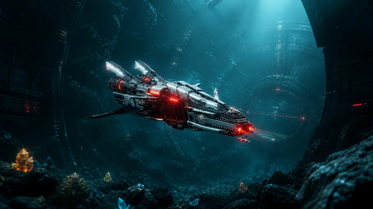 A red-lit spacecraft moves through a vast submerged cavern.