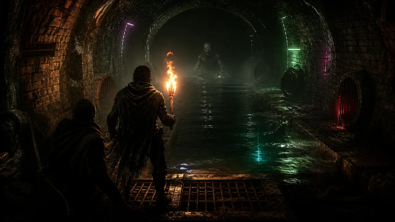 An adventurer with a torch approaches a shadowy figure in a flooded brick tunnel.