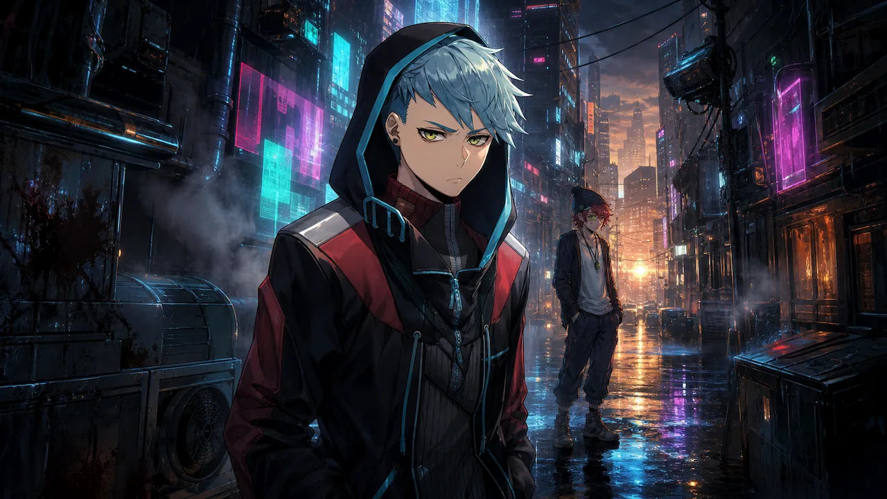 A hooded anime-style character stands in a rain-soaked neon alley.