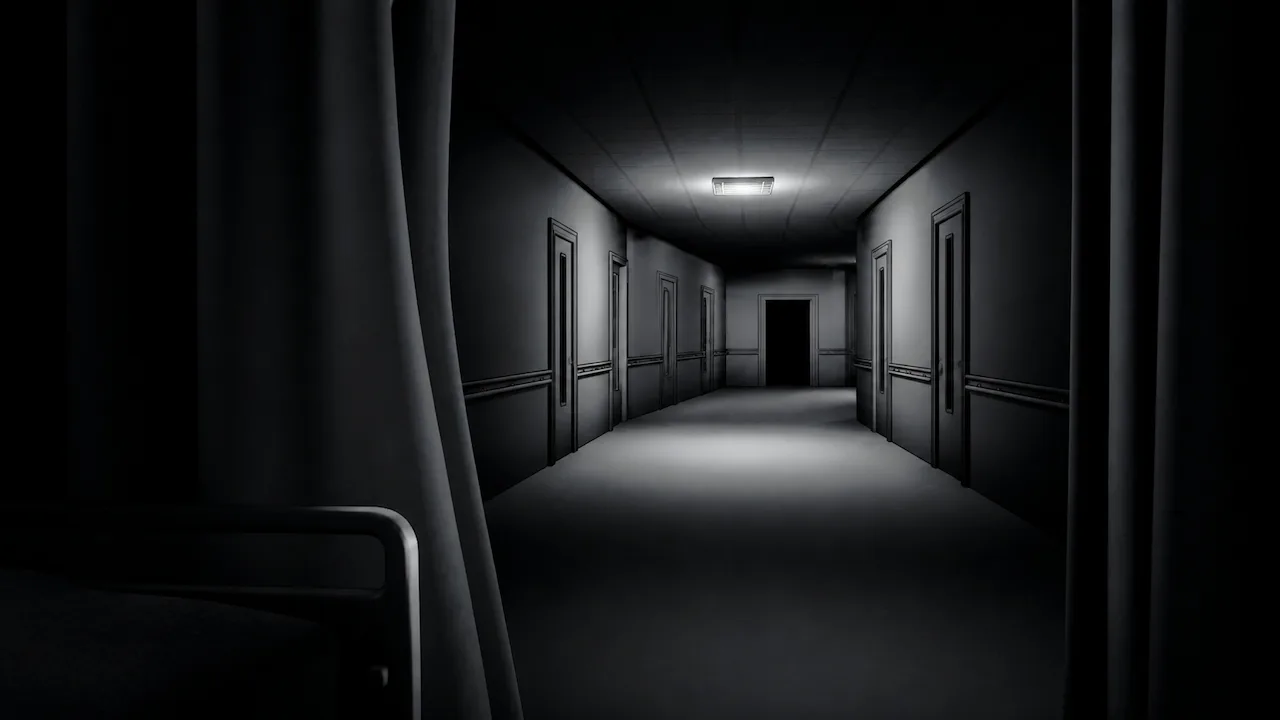 An empty monochrome hospital corridor seen from behind a curtain and bed.